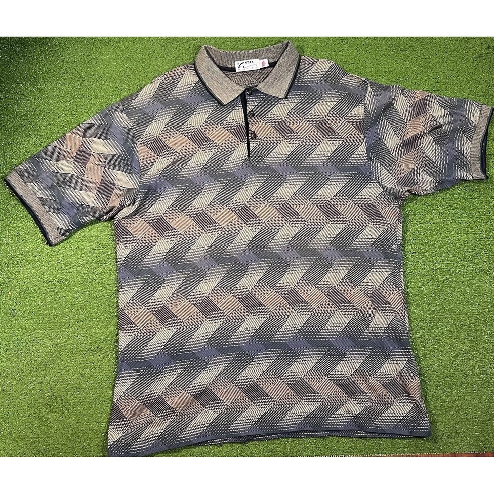 Vintage 80s Abstract Polo LG Bold Geometric Print Golf‎ Shirt USA Made 3D Look